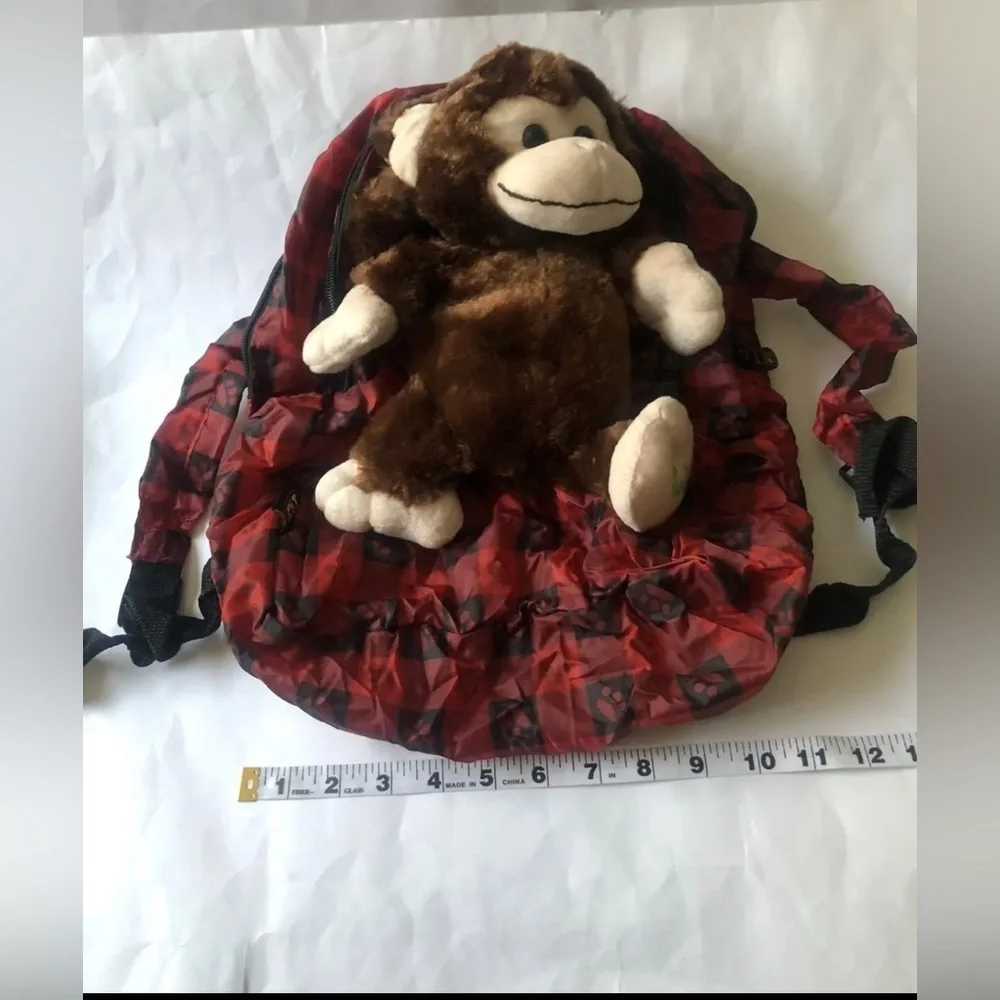 Pet Sac Monkey Plush Red Plaid Backpack Bag